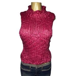52 Weekends Womens Hot Pink Sweater Wool Blend Mock Neck Sleeveless Medium Y2K